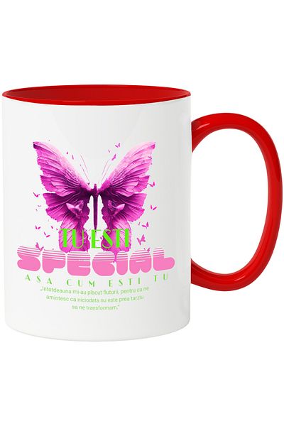 StoryGift Romania Mug You Are Special As You Are - Butterfly, 330ml, Ceramic with Red Handle, With Handle, STG