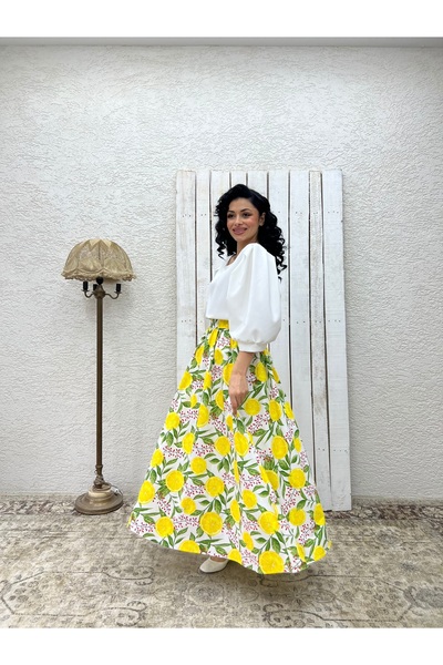 KÜÇÜĞÜM BUTİK Lemon Patterned Flared Poplin Skirt