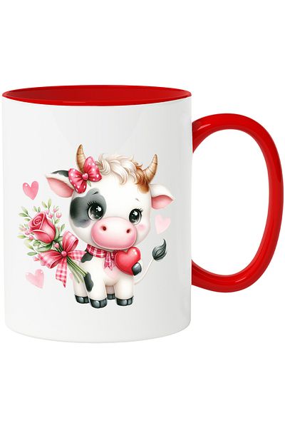 StoryGift Romania Mug with a happy cow holding a heart | illustration | flower | gift | present, With,STG