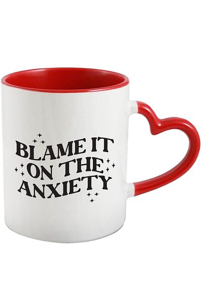 StoryGift Romania Mug with a message that urges you to blame anxiety with a Red Heart Handle, Cu Mane, STG