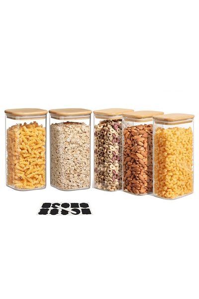 Köken Set de 5 recipiente pătrate din sticlă borosilicată x 0,8 l, diverse dimensiuni, cu capace etanșe din bambus Koken