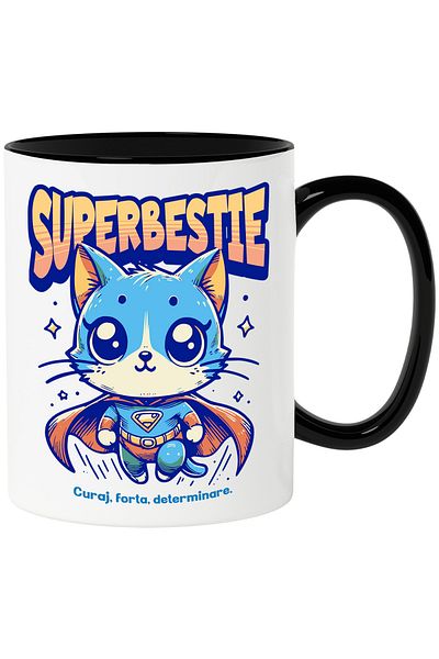 StoryGift Romania Super Beast Mug, Superhero, Flying Cat, 330ml, Ceramic with Black Handle, With Handle, STG