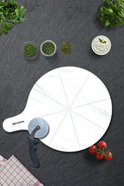 Decorita Pizza Presentation Glass with Handle and Cut Channel |   White Marble |   36cm X 47cm