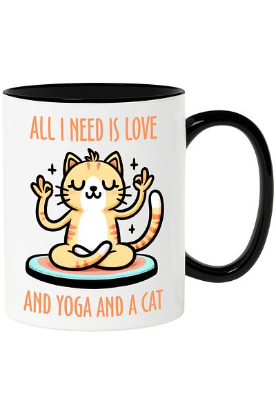 StoryGift Romania Mug with a meditating kitty with the message "All I need is love and yoga and a ca, With ,STG