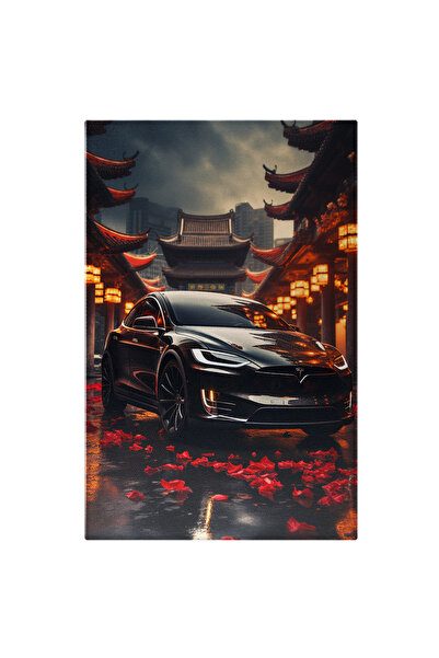 StoryGift Romania Tablou Canvas: Japanese Landscape Automobil Tesla In Decor Japonez Cu Lumini Si Flori Pictura