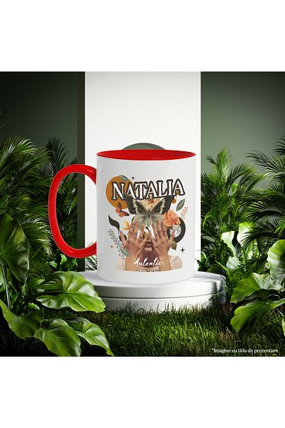 StoryGift Romania Mug With Name Natalia, Girl Collage, Butterfly, Flowers, Circle, 330ml, Ceramic with Handles, With ,STG