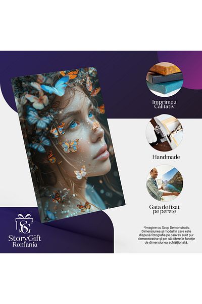 StoryGift Romania Tablou Canvas Fluturi În Mișcare Pe Chipul Fetei Captura Energiei Dinamică A Vietăților Colorat