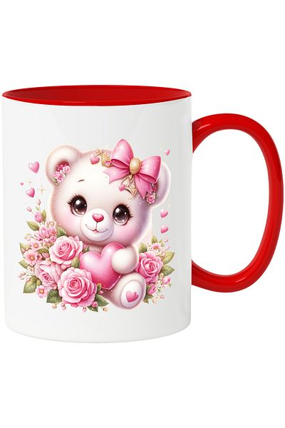 StoryGift Romania Mug with a cheerful teddy bear | illustration | roses | pink | flowers | plan, With ,STG