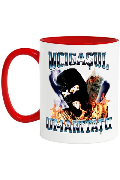 StoryGift Romania Mug killer of humanity man with mask in flames, 330ml, Ceramic with Red Handle, With Handle, STG