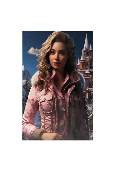 StoryGift Romania Tablou Canvas: Pink Winter Femeie Cu Geaca Roz Cu Puf Vizitand Castelul De Pe Munte Pictura D