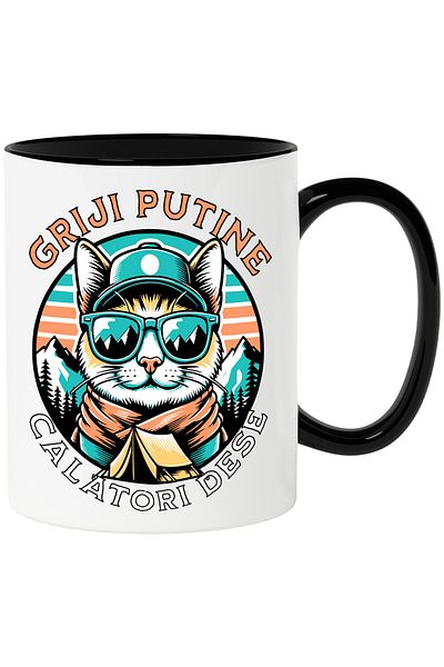 StoryGift Romania Cat Scout Mug, Fewer Worries, Frequent Travel, 330ml, Ceramic with Black Handle, With ,STG