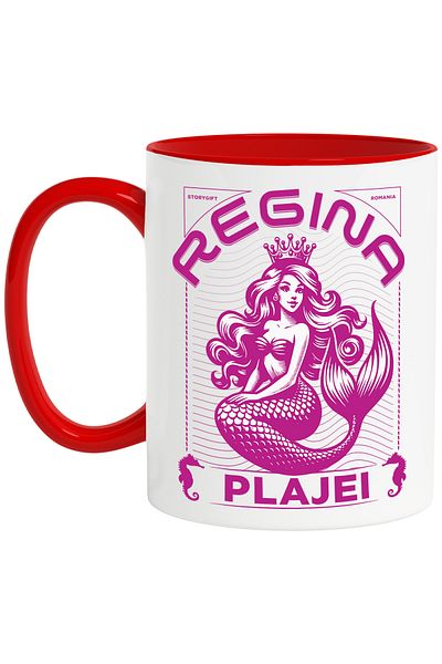 StoryGift Romania Mug queen of the beach mermaid steals men's hearts, 330ml, Ceramic with Red Handle, With Handle, STG