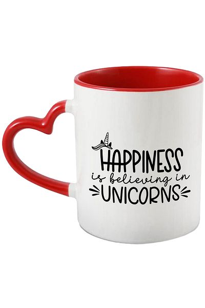 StoryGift Romania Mug with message that happiness means believing in unicorns with Mane, Cu, STG