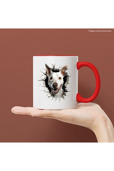 StoryGift Romania Mug with a curious dog sticking its head out the wall, illustration, playful, happy, With,STG