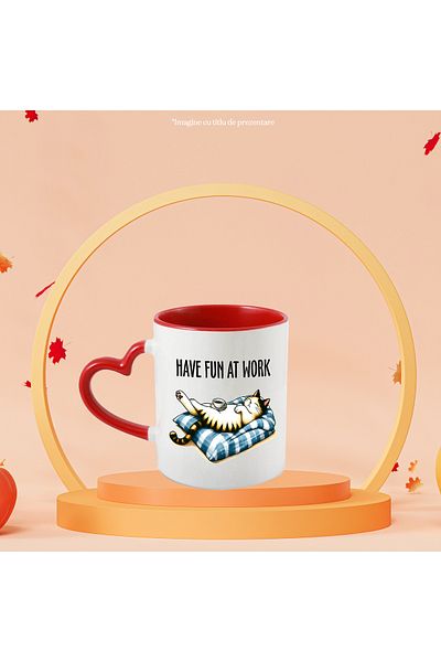 StoryGift Romania Mug with a sleeping kitten with the message "Have fun at work", illustration, fun, With ,STG