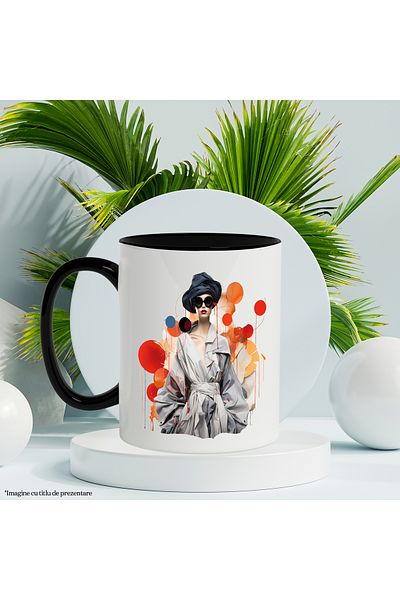 StoryGift Romania Mug With Abstract Illustration, Woman, Coat, Sunglasses, Multicolor 330 , With ,STG