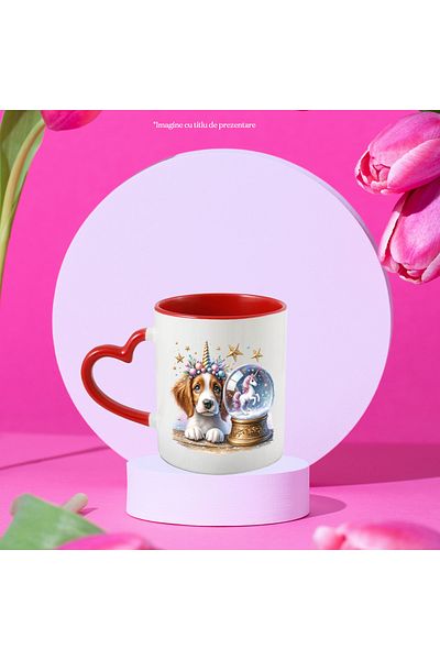StoryGift Romania Mug with a puppy that has a globe with a unicorn inside | illustration | m, Cu,STG