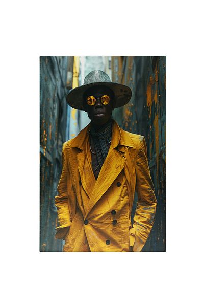 StoryGift Romania Tablou Canvas Barbat African Cu Palarie Si Ochelari Cu Esarfa In Palton Galben Cu Nasturi Negr