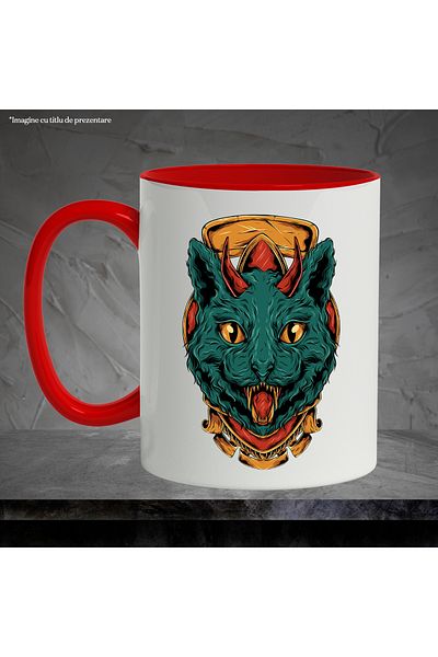 StoryGift Romania Mug With Cat, Horns, Demon, Emblem, Multicolor 330 ml, Ceramic with Red Handle, With ,STG