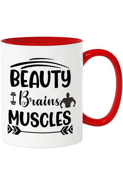 StoryGift Romania Mug with the text "Beauty, brains, muscles" - beauty brain muscles with Red Handle, With ,STG