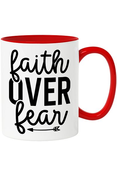 StoryGift Romania Mug with a message urging you to choose faith over fear with a Red Handle, Cu Ma, STG.