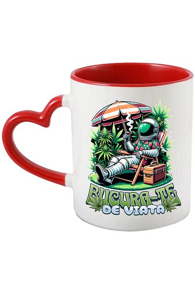 StoryGift Romania Smoking Astronaut Mug - Enjoy Life, 330ml, Ceramic With Red Heart Handle, With, left