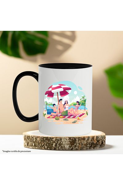 StoryGift Romania Mug With Vacation, Family, Beach, Large, Umbrella, Towel, Multicolor 330 ml, Ceram, With