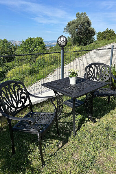 Ceritti Ferforje Görünümlü İstiflenebilir Masa Sandalye 2 Kişilik Plastik Siy...