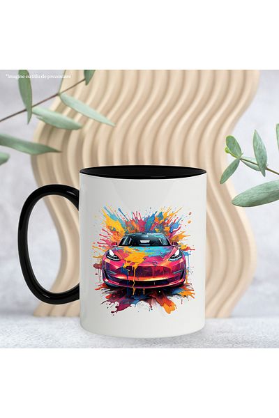 StoryGift Romania Mug With Car, Brand, Tesla, Electric, Paint, Multicolor 330 ml, Ceramic with , With ,STG