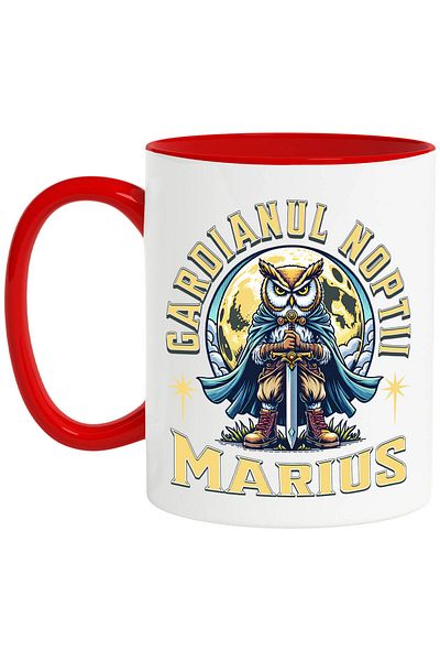 StoryGift Romania Mug with Owl Knight in the Night Cape and Sword Full Moon Text Guardian No, With, STG