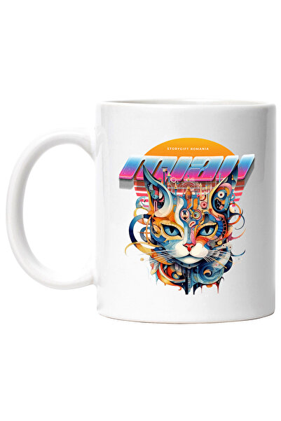 StoryGift Romania Cana Cu Mesaj Miau, Cap De Pisica, Cladiri, RetroWave, Mult...