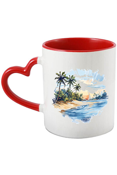 StoryGift Romania Cana cu un rau, palmieri, ilustratie, peisaj, oras, case, apa cu Maner Inima Ros, Cu ,STG