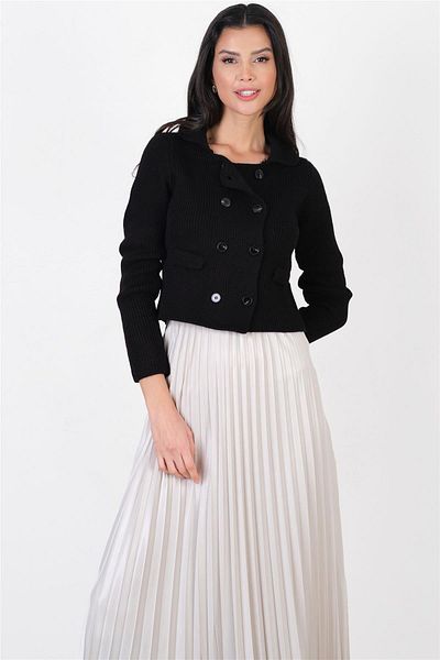Spazio Perrin Polo Collar Cross Button Knitwear Cardigan Black