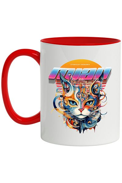 StoryGift Romania Mug With Meow Message, Cat Head, Buildings, RetroWave, Multicolor 330 ml, Ceramics, With ,STG