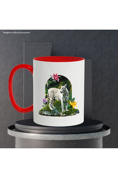 StoryGift Romania Mug With White Tiger, Flora, Rocks, Moss, Forest, Nature, Multicolor 330 ml, Sky, With