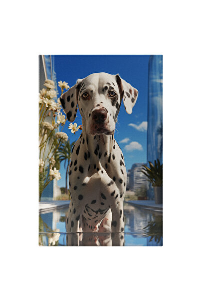 StoryGift Romania Tablou Canvas: Portret Caine Dalmațian La Piscină Langă Cladiri Din Sticlă Și Flori Pictura Dig