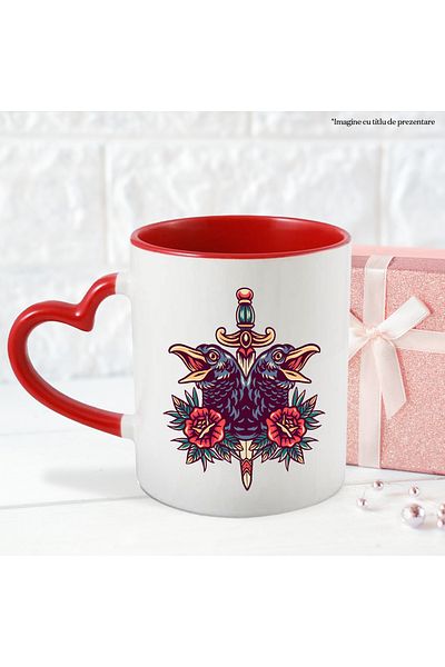 StoryGift Romania Mug With Crows, Decorative Dagger, Flowers, Leaves, Symmetrical, Multicolor 330 ml, Sky, With ,STG