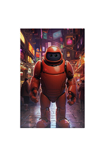 StoryGift Romania Tablou Canvas: Robot Gigantic Portocaliu Cu Fata Mov Si Ochii Negri-verzui Merge Printre Magaz