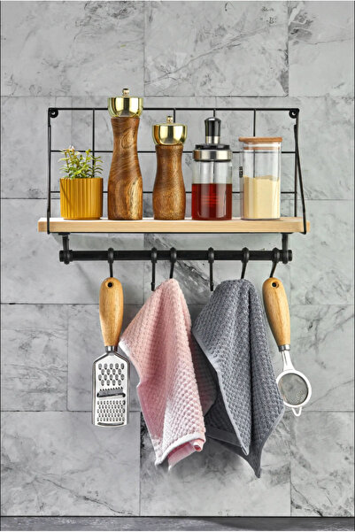Orvila Ahşap Standlı Metal Dekoratif Mutfak Rafı - Asılabilir Kancalı