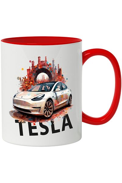 StoryGift Romania Mug With Car, Tesla, Electric, City, Gate, Mosaic, Multicolor 330 ml, Ceram, With ,STG