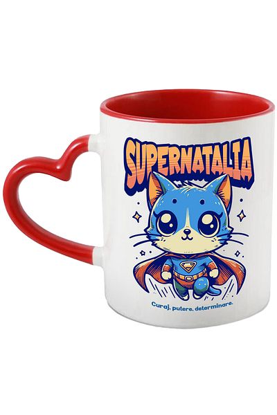 StoryGift Romania Super Natalia Mug, Superhero, Flying Cat, 330ml, Ceramic with Heart Handle Ro, With, STG.
