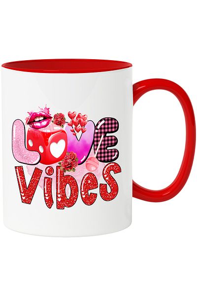 StoryGift Romania Mug with the message "Love vibes", lips, dice, red hearts, lollipop, pink background, Va, Cu, STG