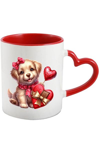 StoryGift Romania Mug with a cheerful puppy | illustration | a heart-shaped box with candy | , With ,STG .
