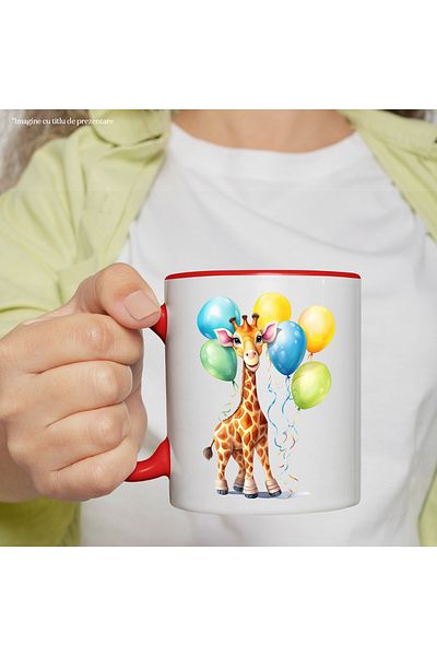 StoryGift Romania Mug with a cheerful giraffe on a birthday | illustration | colorful balloons | animal, With ,STG.