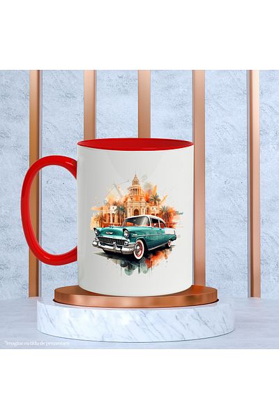 StoryGift Romania Mug With Car, Vintage, Building, Monument, Palm Trees, Multicolor 330 ml, Ceramic, With ,STG