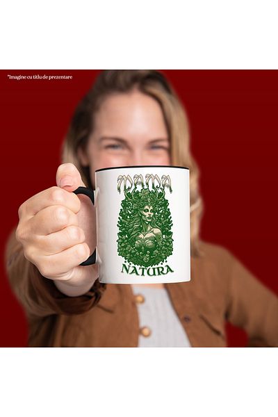 StoryGift Romania Cana Mama Natura Femeie Cu Coroana De Plante , 330ml, Ceramica Cu Maner Negru, Cu Man,stg