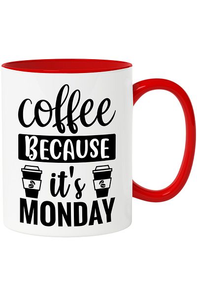 StoryGift Romania Mug for coffee lovers with the message "Coffee, because it's Monday" with Red Handle, With ,STG