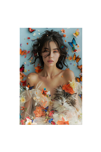 StoryGift Romania Tablou Canvas Fluturi Colorati In Jurul Fetei Cu Parul Brun...