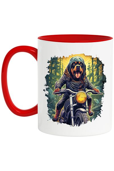 StoryGift Romania Mug with a Rottweiler puppy riding a motorcycle through the forest | illustration |, With ,STG