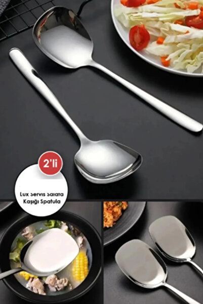 TUMU LIFE 2 ADET Pratik 21 Cm Paslanmaz Çelik Lüx Servis Salata Kaşığı Spatul...